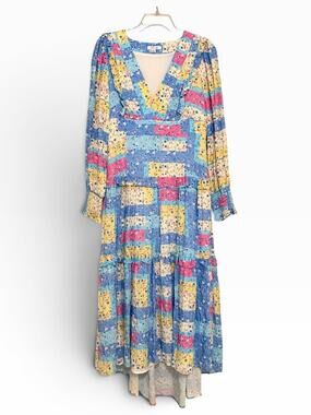 BTFL-life Patchwork Floral Tiered Maxi Dress Size S Boho Romantic Smocked Cuff